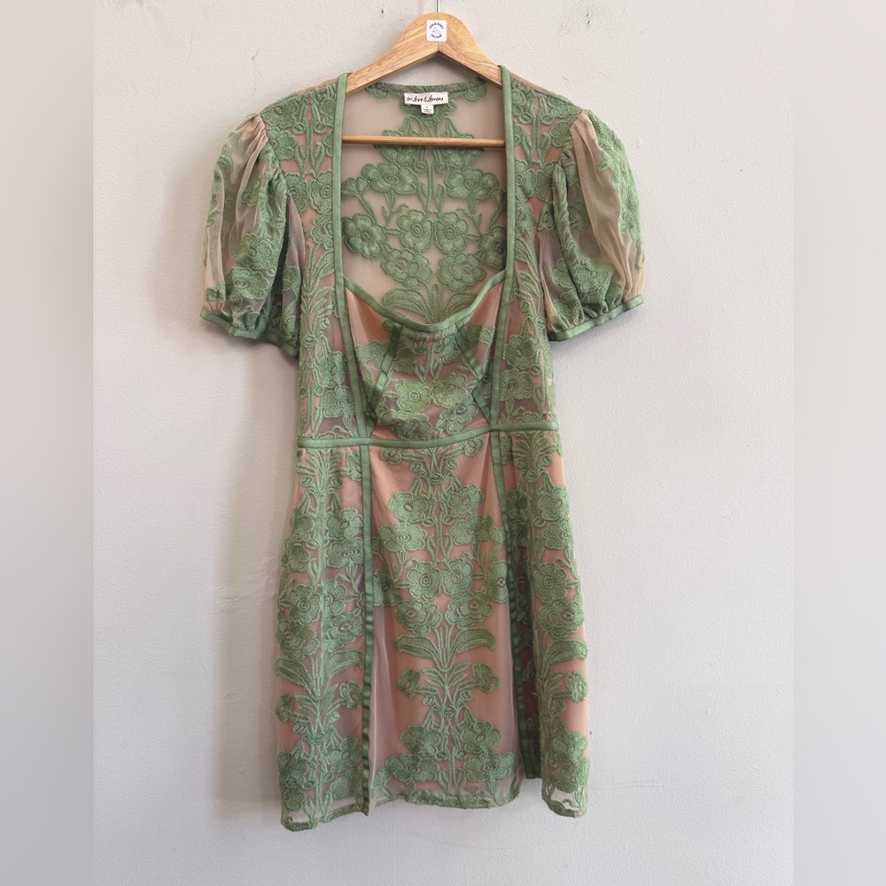 For Love And Lemons Green Floral Lace Mini Dress - -Temecula Puff Sleeve